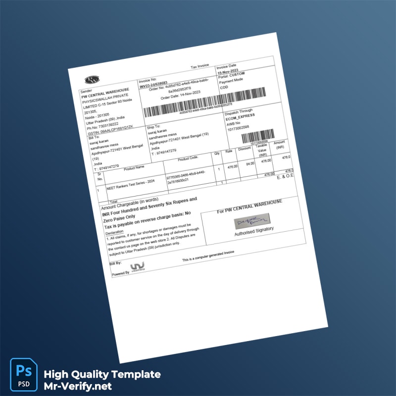 India PW Central Warehouse Invoice Template in Word and PDF formats India PW Central Warehouse Invoice Template in Word and PDF formats