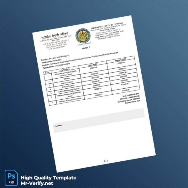 India Padmashri Dr Vitthalrao Patil Foundation College Of Pharmacy Invoice Template in Word and PDF formats