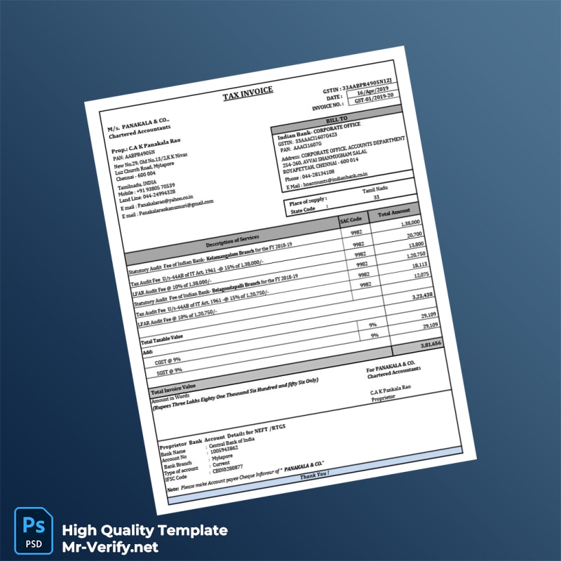 India Panakala Co Chartered Accountants Invoice Template in Word and PDF formats India Panakala Co Chartered Accountants Invoice Template in Word and PDF formats