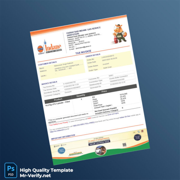 India Parbatsar Indane Gas Service Tax Invoice Template in Word and PDF formats