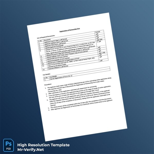 Editable India Partnership Firm Registration Certificate Word and Pdf Template Preview - Mac Doc