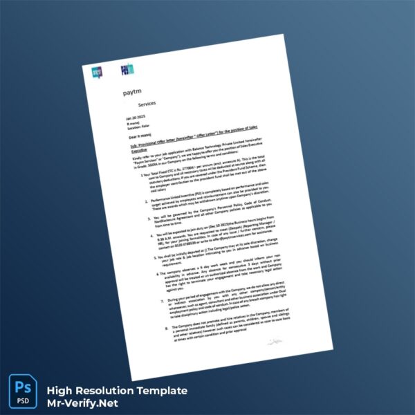 Editable India Paytm Experience Letter Word and Pdf Template Preview - Mac Doc