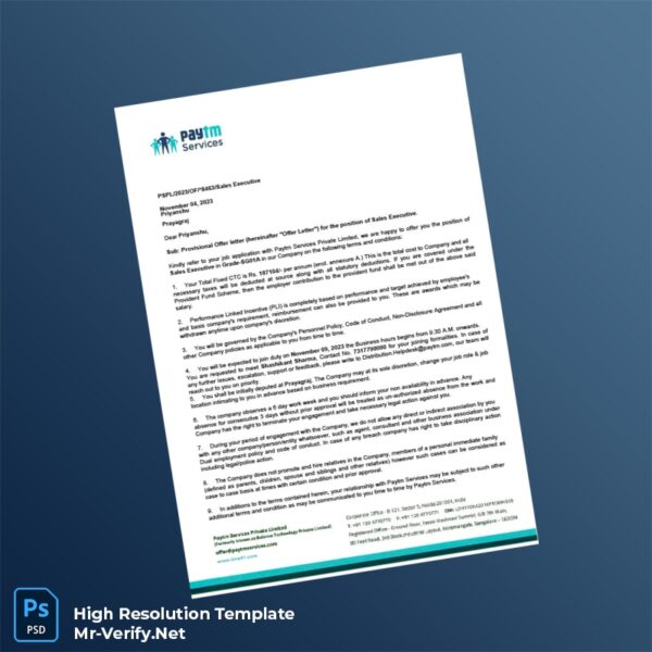 Editable India Paytm Services Private Limited Employment Verification Letter Word and Pdf Template Preview - Mac Doc