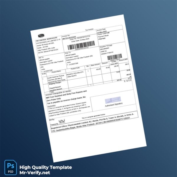 India Physicswallah Limited Tax Invoice Template in Word and PDF formats
