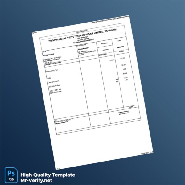 India Poorvanchal Vidhyut Vitran Nigam Limited Tax Invoice Template in Word and PDF formats