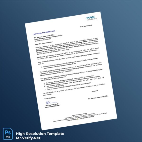 Editable India Power Plant Engineers Limited Employment Verification Letter Word and Pdf Template Preview - Mac Doc