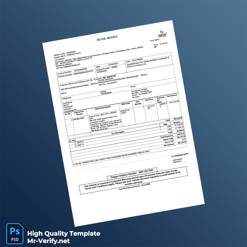 India Prakash Auto Invoice Template in Word and PDF formats India Prakash Auto Invoice Template in Word and PDF formats