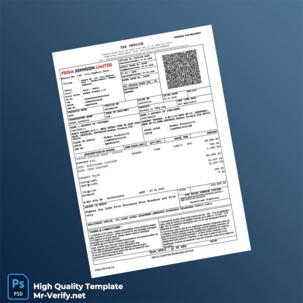 India Prism Johnson Limited Tax Invoice Template in Word and PDF formats