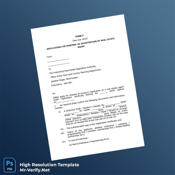 Editable India Puducherry Real Estate Regulatory Authority Registration Certificate Word and Pdf Template Preview - Mac Doc