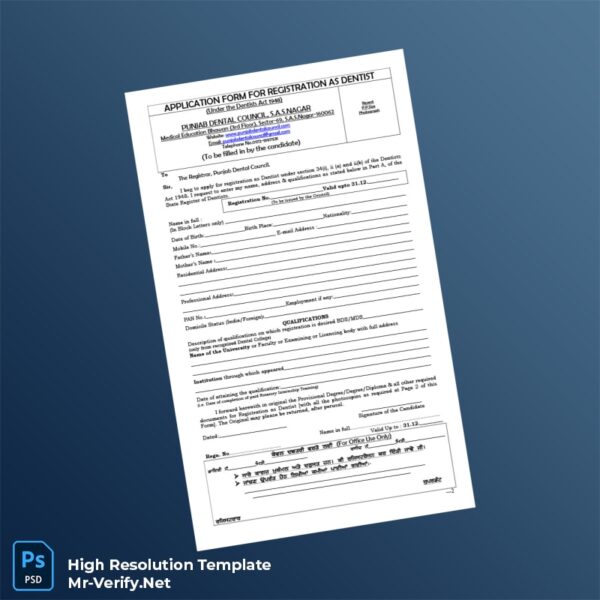 Editable India Punjab Dental Council Registration Form Word and Pdf Template Preview - Mac Doc