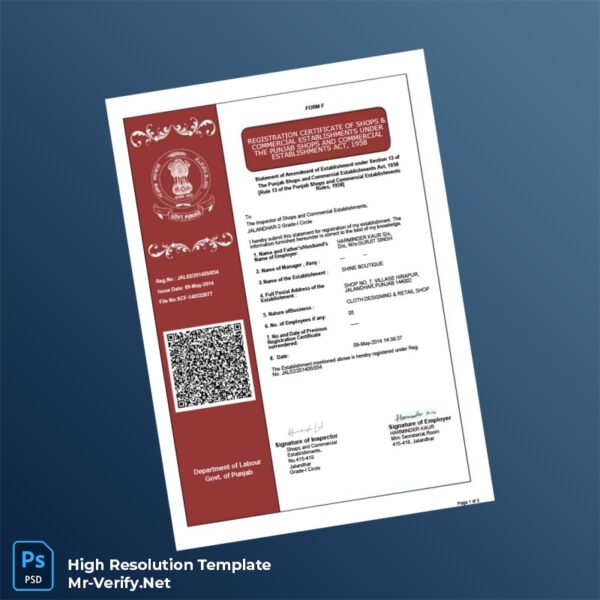 Editable India Punjab Shops and Commercial Establishments Registration Certificate Word and Pdf Template Preview - Mac Doc