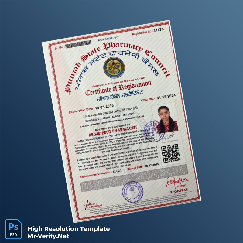 India%20Punjab%20State%20Pharmacy%20Council%20Registration%20Certificate%20Template%20in%20Word%20and%20PDF%20formats Editable India Punjab State Pharmacy Council Registration Certificate Word and Pdf Template Preview