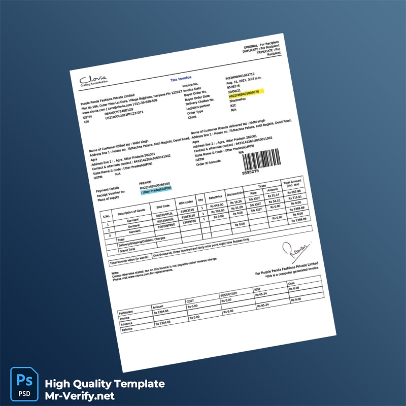 India Purple Panda Fashions Private Limited Invoice Template in Word and PDF formats India Purple Panda Fashions Private Limited Invoice Template in Word and PDF formats