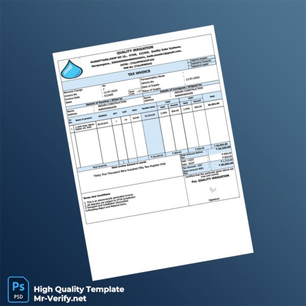 India Quality Irrigation Tax Invoice Template in Word and PDF formats