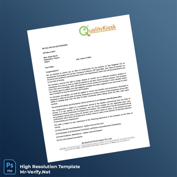 Editable India QualityKiosk Technologies Pvt Ltd Employment Verification Letter Word and Pdf Template Preview - Mac Doc
