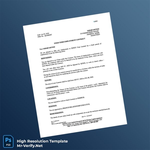 Editable India Quess Corp Employment Verification Letter Word and Pdf Template Preview - Mac Doc