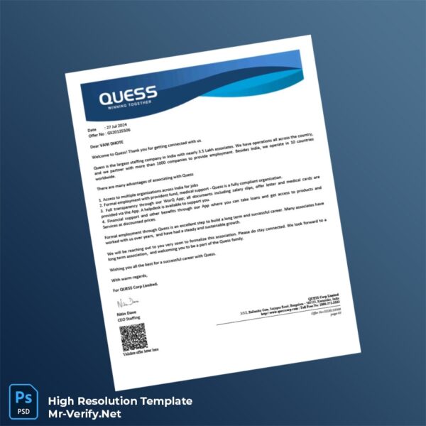 Editable India Quess Corporation Employment Verification Letter Word and Pdf Template Preview - Mac Doc