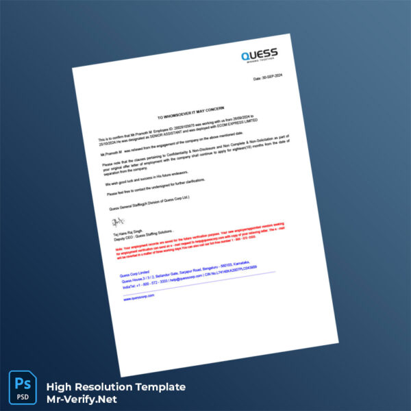 Editable India Quess General Staffing Employment Verification Letter Word and Pdf Template Preview - Mac Doc