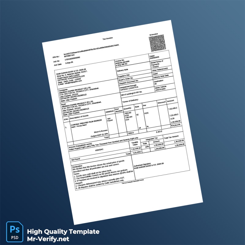 India RAM SARAN DASS CO Invoice Template in Word and PDF formats India RAM SARAN DASS CO Invoice Template in Word and PDF formats