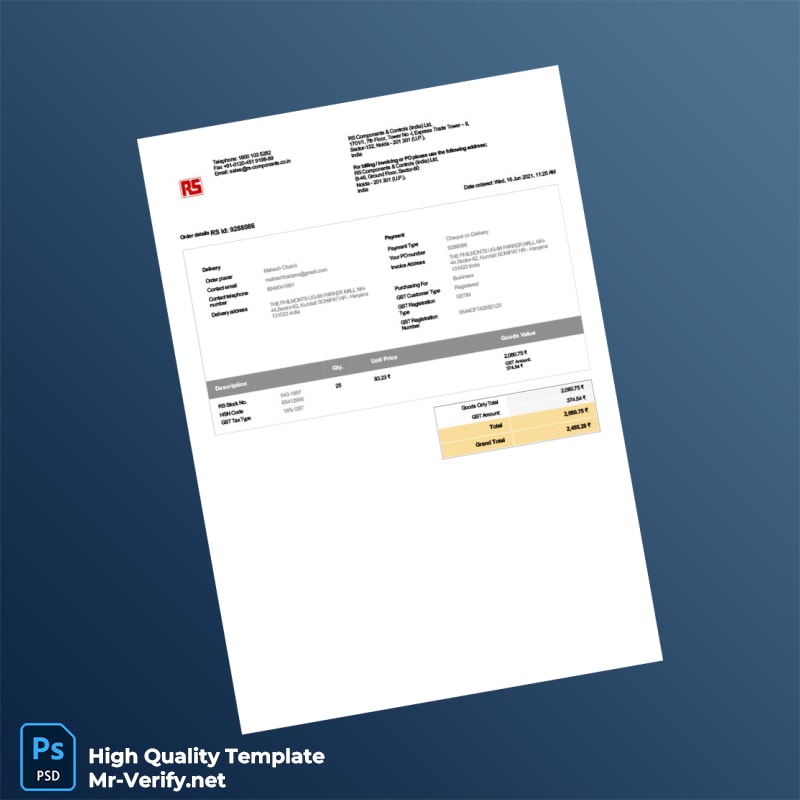 India RS Components Controls India Ltd Invoice Template in Word and PDF formats India RS Components Controls India Ltd Invoice Template in Word and PDF formats