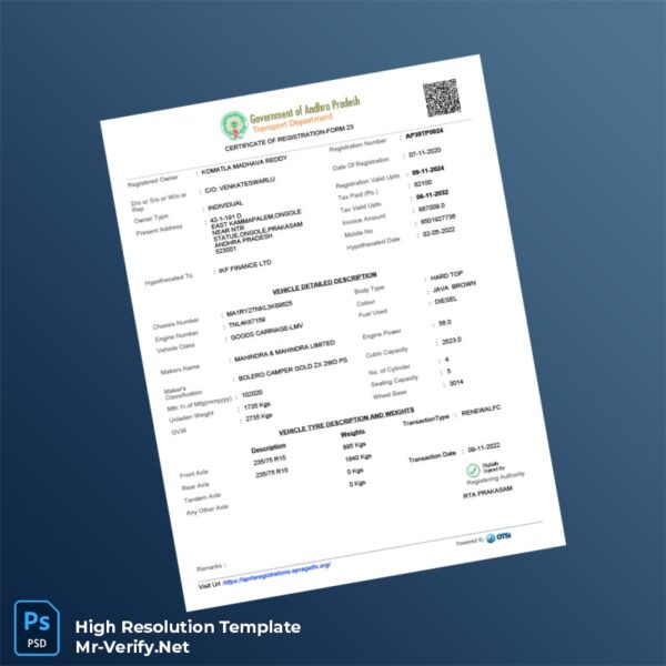 Editable India RTA Registration Certificate Word and Pdf Template Preview