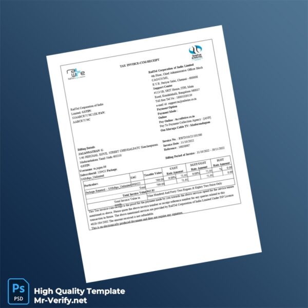 India RailTel Corporation of India Limited Invoice Template in Word and PDF formats