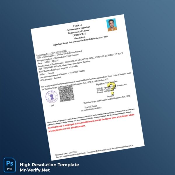 Editable India Rajasthan Shops and Commercial Establishments Registration Certificate Word and Pdf Template Preview - Mac Doc