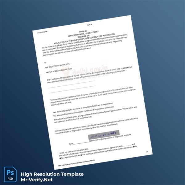 Editable India Rajpur Road Motor Vehicle Registration Certificate Word and Pdf Template Preview - Mac Doc