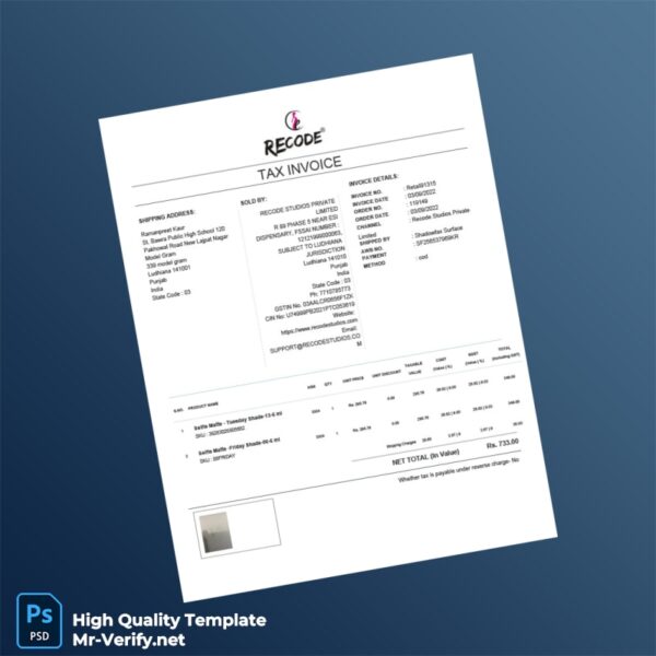 India Recode Studios Private Limited Tax Invoice Template in Word and PDF formats India Recode Studios Private Limited Tax Invoice Template in Word and PDF formats