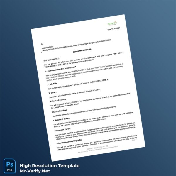 Editable India Recruity Technology Pvt Ltd Appointment Letter Word and Pdf Template Preview - Mac Doc
