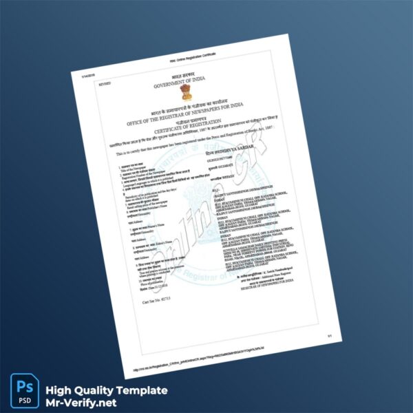 India Registrar of Newspapers for India Online Registration Certificate Template in Word and PDF formats
