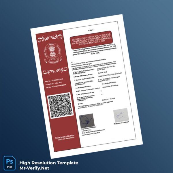 Editable India Registration Certificate of Shops and Commercial Establishments Word and Pdf Template Preview - Mac Doc