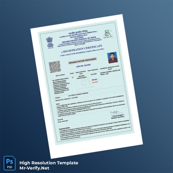 Editable India Rehabilitation Council e-Registration Certificate Word and Pdf Template Preview - Mac Doc