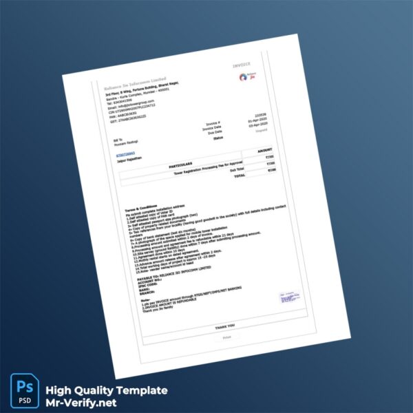 India Reliance Jio Infocomm Limited Invoice Template in Word and PDF formats