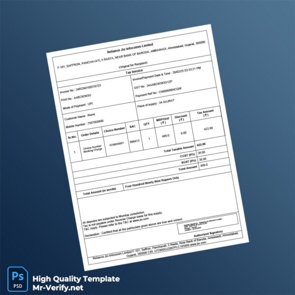 India Reliance Jio Infocomm Tax Invoice Template in Word and PDF formats