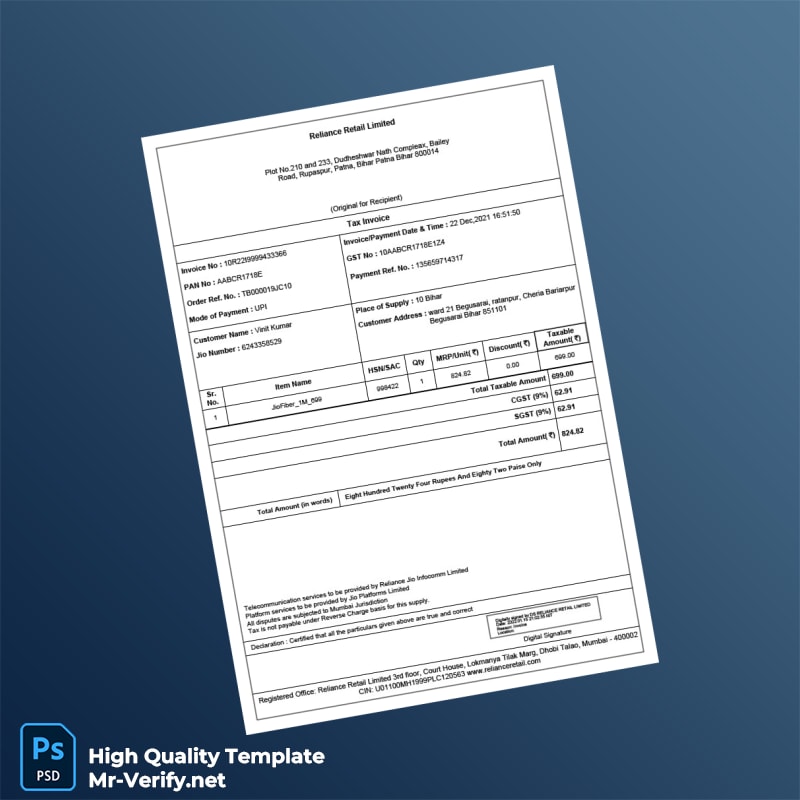 India Reliance Retail Limited Invoice Template in Word and PDF formats India Reliance Retail Limited Invoice Template in Word and PDF formats