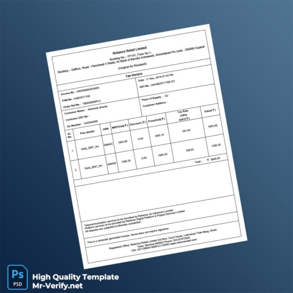 India Reliance Retail Tax Invoice Template in Word and PDF formats