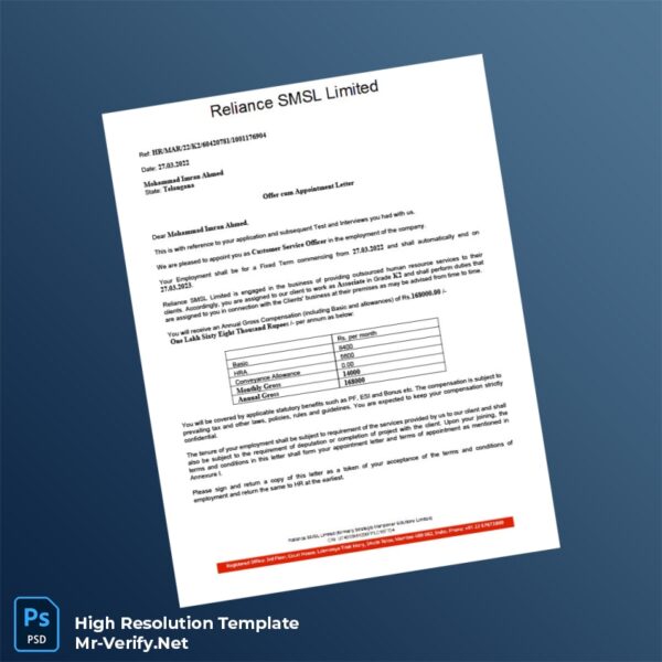 Editable India Reliance SMSL Limited Employment Verification Letter Word and Pdf Template Preview - Mac Doc