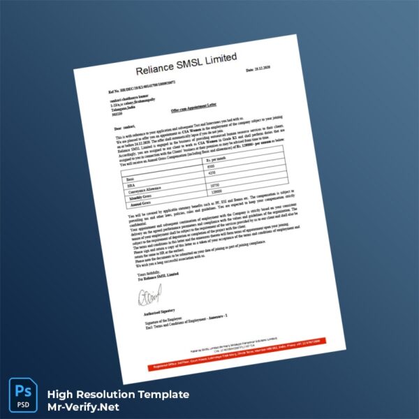 Editable India Reliance SMSL Limited Offer Letter Word and Pdf Template Preview - Mac Doc
