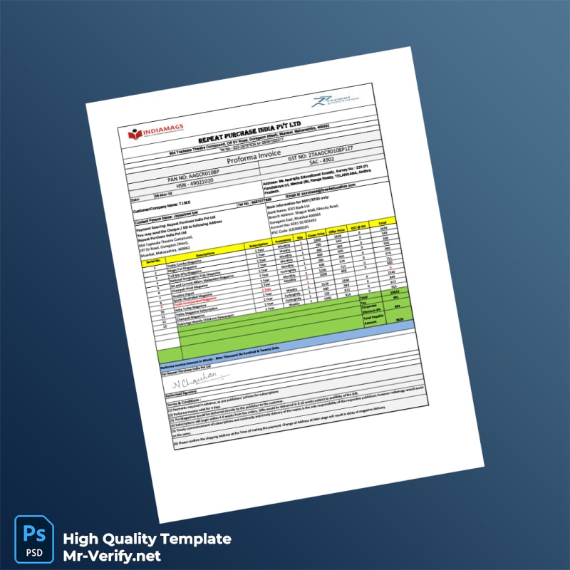 India Repeat Purchase India Pvt Ltd Proforma Invoice Template in Word and PDF formats India Repeat Purchase India Pvt Ltd Proforma Invoice Template in Word and PDF formats