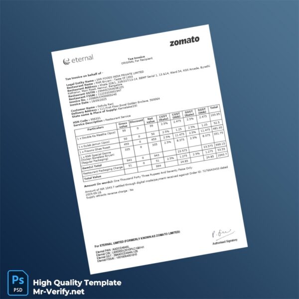 India SRR Foods India Private Limited Tax Invoice Template in Word and PDF formats