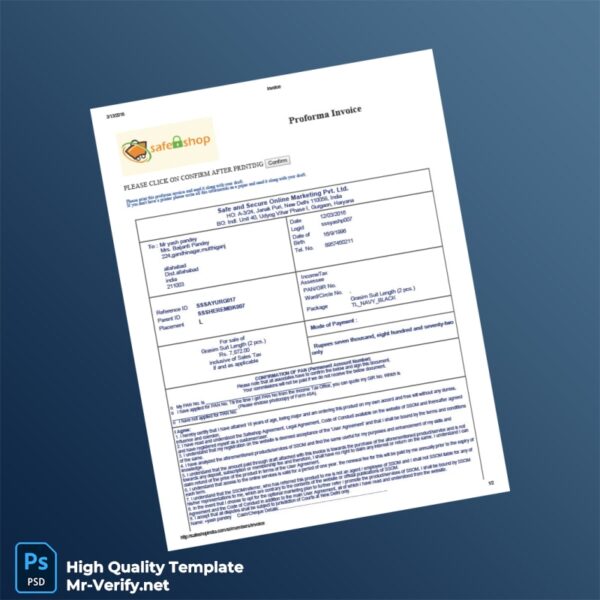 India Safe and Secure Online Marketing Pvt Ltd Proforma Invoice Template in Word and PDF formats