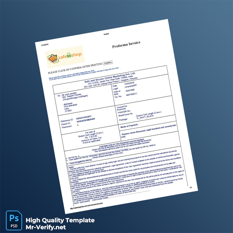 India Safe and Secure Online Marketing Pvt Ltd Proforma Invoice Template in Word and PDF formats India Safe and Secure Online Marketing Pvt Ltd Proforma Invoice Template in Word and PDF formats
