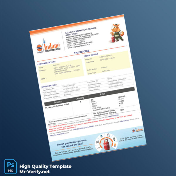 India Sagithya Indane Gas Service Tax Invoice Template in Word and PDF formats