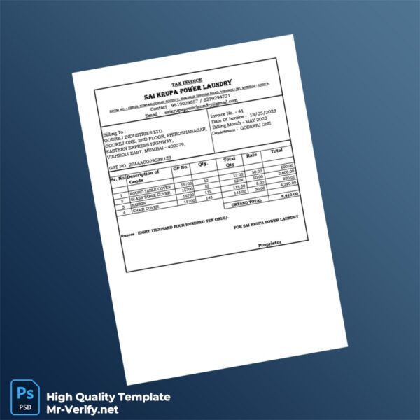 India Sai Krupa Power Laundry Tax Invoice Template in Word and PDF formats