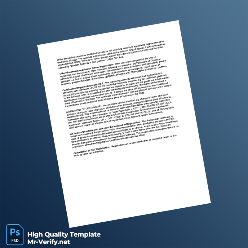 India Sales Tax Department Editable CST Registration Certificate Template in Word and PDF formats page 2 India Sales Tax Department Editable CST Registration Certificate Template in Word and PDF formats page 2