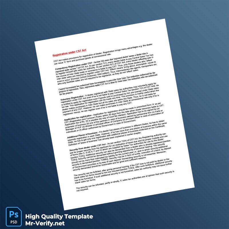 India Sales Tax Department Editable CST Registration Certificate Template in Word and PDF formats India Sales Tax Department Editable CST Registration Certificate Template in Word and PDF formats