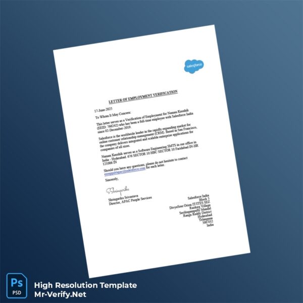 Editable India Salesforce Employment Verification Letter Word and Pdf Template Preview - Mac Doc