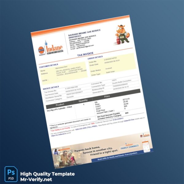 India Saurabh Indane Gas Service Tax Invoice Template in Word and PDF formats