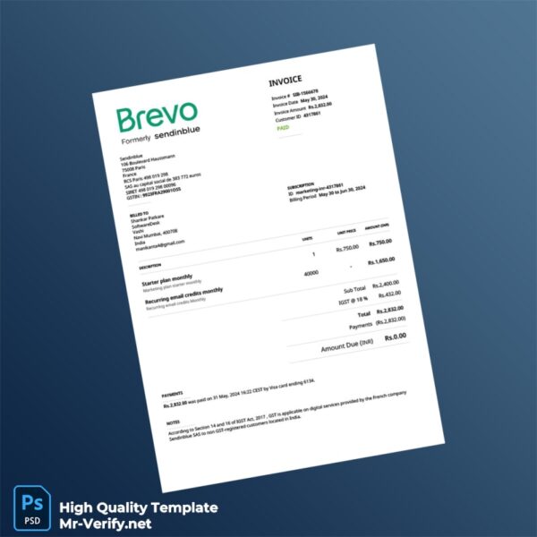 India Sendinblue Invoice Template in Word and PDF formats